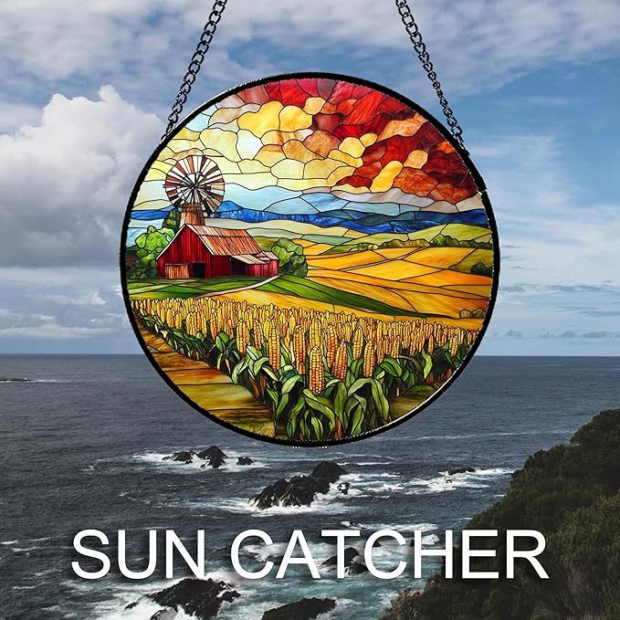 HWRHTR Stained Glass Window Hanging Autumn Farm Corn Harvest Landscape 7.8" - Suncatcher Garden Door Sun Catcher Home Decor Birthday Christmas for Woman Mom Friend Men Nana
