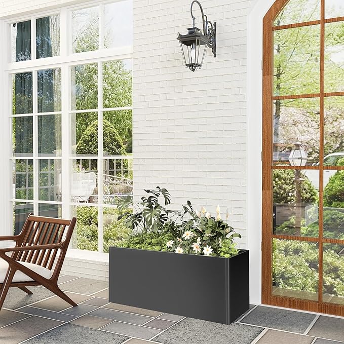 Long Metal Planter Box for Outdoor Plants 15" W x 38" L x 16.25" H, Heavy Duty Steel Rectangular Planter Box with Removable Insert Shelf, Modern Décor for Outside, Indoor, Garden (Black)
