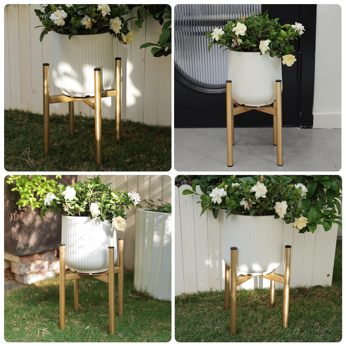Rioneta Adjustable Metal Plant Stand Indoor, Fits 8-14 Inch Pots, Mid Century Modern Gold Planter Holder,2 Heights, Heavy Duty 160 lb, Indoor Outdoor Corner Floor Pot Stand, Golden 2 Pack