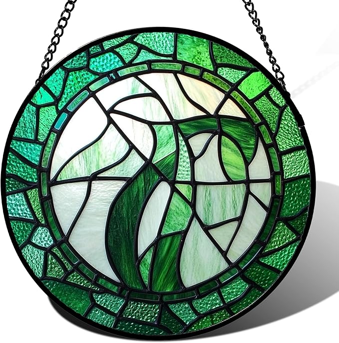 QZQCBLC Stained Glass Window Hanging Abstract Green Plants Large 11.8" - Suncatcher Door Garden Sun Catcher Home Ireland Decor Birthday Mother's St Patrick's Day Gifts for Mom Men Woman Wife Friends
