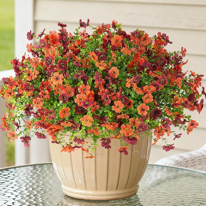Artificial Fake Mums Fall Flowers for Outdoors Decoration,12 Bundles Faux Silk Daisy Flowers for Outdoor Planter UV Resistant Look Real for Home Front Door Porch Patio Outside Yard(Orange Brown)