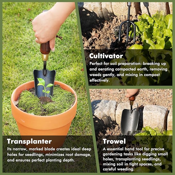 RESTMO 3-in-1 Heavy Duty Gardening Tools Kit, Premium Carbon Steel Garden Tools with Ergonomic Wooden Handle Includes Trowel, Transplanter, and Cultivator, Ideal Gardening Gifts for Women, Gardener