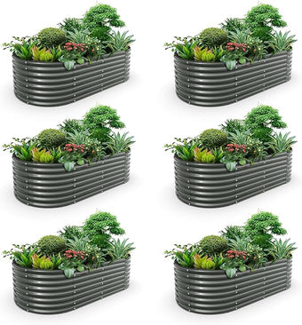 A ANLEOLIFE 6-Set 8X4X2 ft Galvanized Raised Garden Bed Kit, Oval Metal Deep Root Planters for Outdoor Plants, Quartz Grey