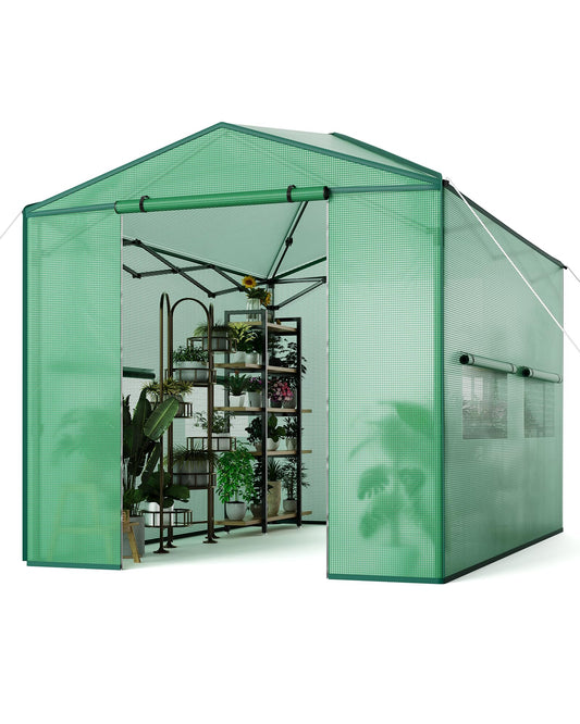 12x8 FT Portable Pops-Up Greenhouse for Indoor/Outdoor Use, Durable PE Cover Walk-in Greenhouse Kit, Zippered Doors & Mesh Windows Tunnel Green Houses, Easy Setup Garden Grow Tent for Plants, Green