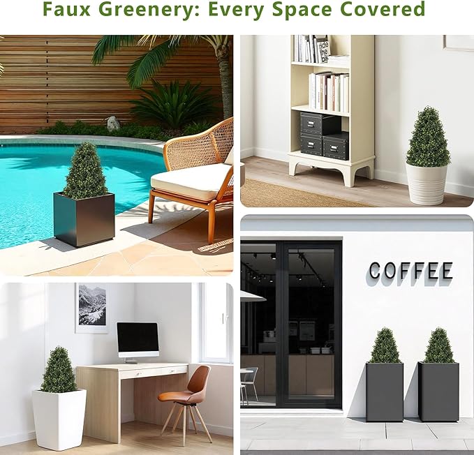 Azoco 30" Boxwood Topiary Trees Artificial Outdoor Set of 2, UV Resistant Faux Plants for Front Porch Planters, Realistic Cone-Shaped Fake Bushes & Shrubs, 2.5ft Evergreen Decoration