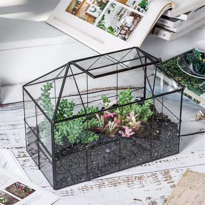NCYP Glass Terrarium Planter with Lid for Small Succulent Cacti, Grid House Shape Black Geometric Terrarium Pot, Home Garden Indoor Tabletop Decor, 9.84" x 5.31" x 7.87" (No Plants)
