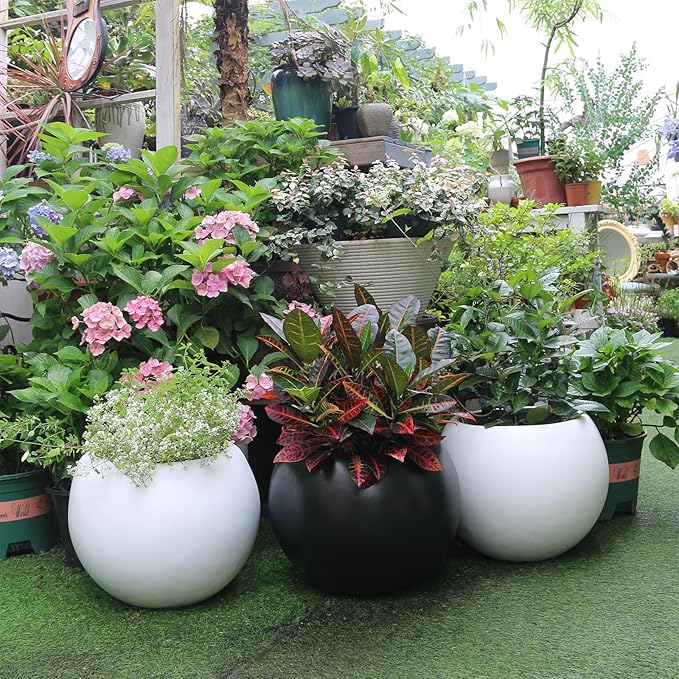 13.5 H x 17" Dia (12" Pot Opening) Round Fiberstone Planter with Drainage Hole, Black, Indoor/Outdoor Large Plant Pot for Home Patio Garden, Ideal for Large Plants