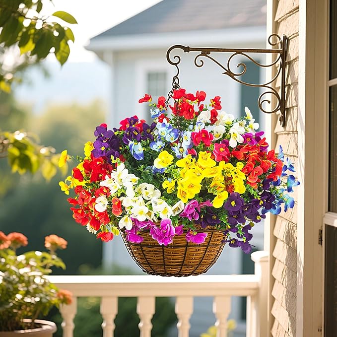 16 Bundles Artificial Silk Flowers Outdoor UV Resistant, Realistic Faux Plants for Spring Wedding Home Decor - Hanging Box Planter Garden Porch Patio Yard Decoration