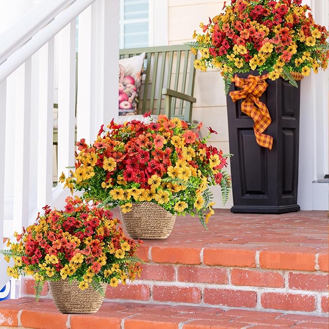 Pinenoya Artificial Faux Plants Flowers Outdoor Decoration,18 Bundles Fake Silk Colorful Daisy Eucalyptus Realistic UV Resistant for Outside Home Planter Porch Patio Yard Decor (Yellow Red)