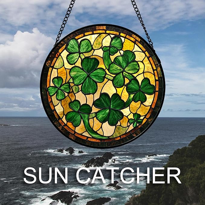 QZQCBLC Stained Glass Window Hanging Green Retro Lucky Clover Large 11.8" - Suncatcher Door Garden Sun Catcher Ireland Decor Birthday Mother's St. Ripack's Day Gift for Woman Mom Men Friend Nana Wife