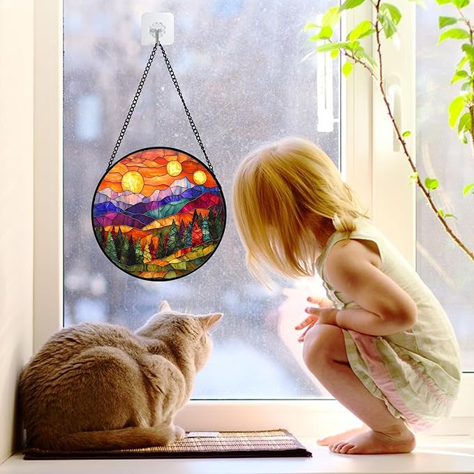 DASTOLL Stained Glass Window Hanging, Sunset Abstract Sun Catchers Colorful Glass Panel Landscape Suncatcher Decor for Birthday for Women, Men, Wife, Aunt, and Mom 6.3 in