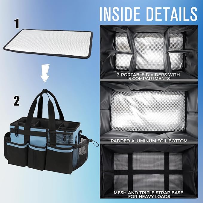 Wearable Cleaning Caddy, Cleaning Caddy Supplies Organizer with Handle & Shoulder Straps for Housekeepers, Under Sink & Car Cleaning Tool Organizers Bag with 4 Foldable Divider (Blue)