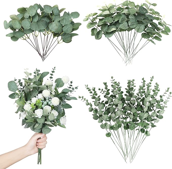 Giegxin 90 Pcs 3 Kinds Mixed Eucalyptus Leaves Stems Bulk Artificial Silver Dollar Leaves Picks Dried Eucalyptus Bundle Faux Spray for Wedding Vase Bouquet Floral Arrangement (Green)