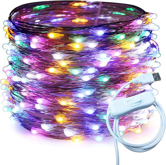 RUICHEN Silver Wire 66 Ft 200 LED USB Fairy String Lights with On/Off Switch (Multicolor)
