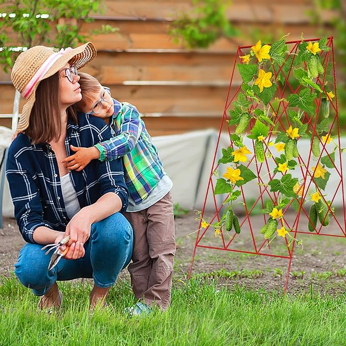 DoCred Red A-Frame Metal Garden Trellis, 2 Pack, PVC-Coated Steel, Perfect for Cucumbers, Squash, Peas, Flowering Vines