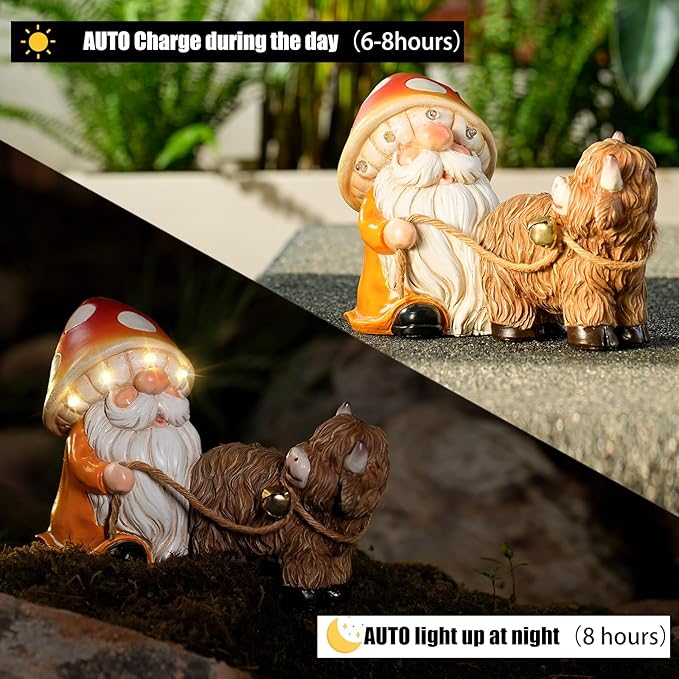 Solar Garden Gnome Statue with Highland Cow – Mushroom Hat with LED Lights, Funny Yard Decor for Outdoor Lawn, Patio, Porch or Pathway