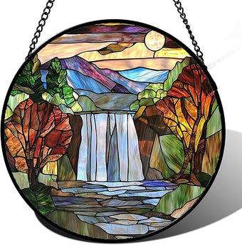 Stained Glass Window Hanging, Abstract Landscape Waterfall Mountains Trees Suncatcher for Doors Window Home Sun Catchers Decor Mother's Day Birthday Gifts for Women Men Mom 6.3 in