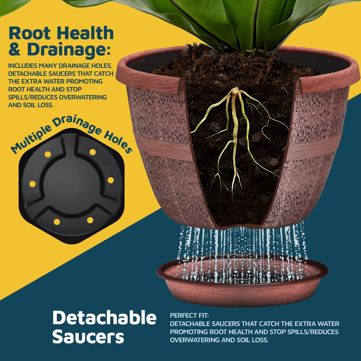 10-Inch Whiskey Barrel Planters Outdoor Pack of 2 - Durable Plastic Plant Pots for Indoor & Outdoor Use with Drainage & Saucer, Lightweight Rustic Barrel Planters for Flowers, Herbs & Small Plants