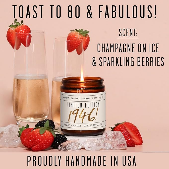80th Birthday Gifts for Women - 'Limited Edition 1946' Soy, w/Champagne on Ice I 1946 Birthday Gifts for Women I 16oz Reusable Jar, 50Hr Burn, Made in USA