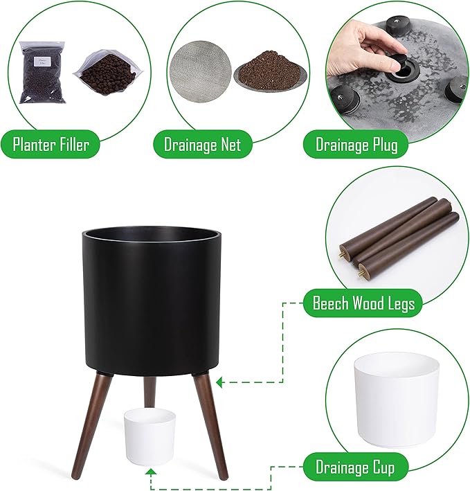 D'vine Dev 12 Inch Planter Pot with Stand, Mid-Century Tall Plant Pot with Legs for Indoor Plants, Large, Black, 88-O-C-2
