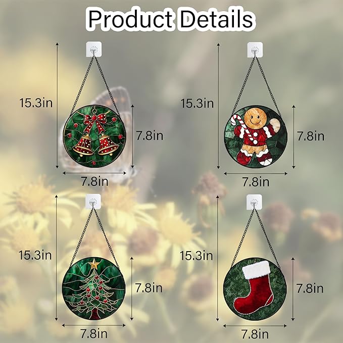 AMDERVEN Stained Glass Window Hanging 4 Pcs Set Red Christmas Stockings and Gingerbread 7.8" - Suncatcher Door Garden Sun Catcher Decor Birthday Mother's Day Xmas Gifts for Mom Woman Nana Men