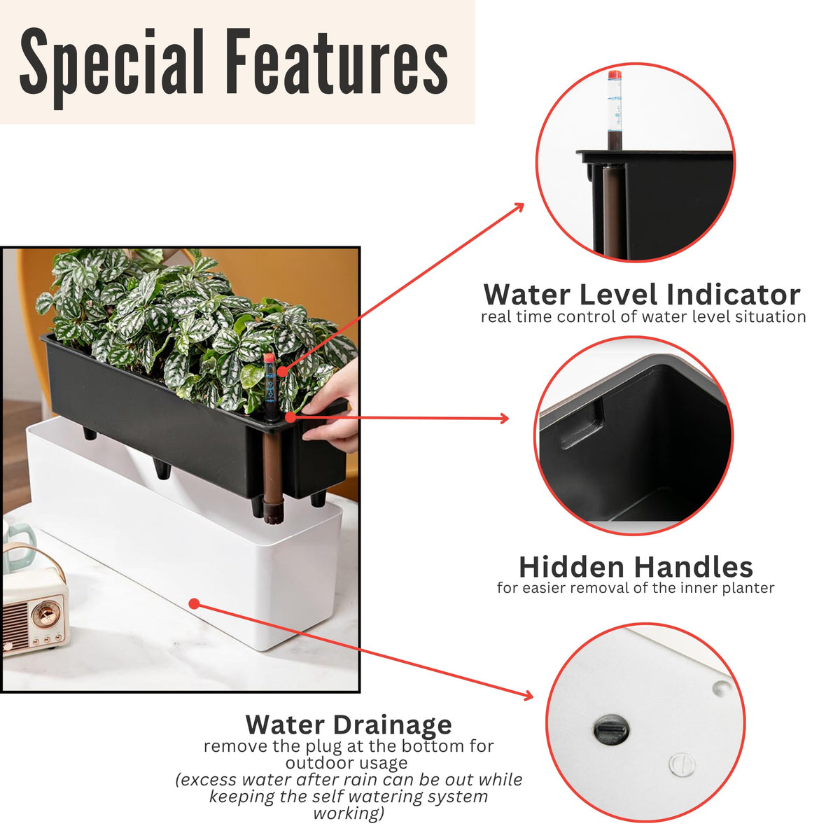 LaLaGreen Balcony Flower Boxes Over the Rail (16 Inch, 4 Pack) White Rectangular Self-Watering Railing Planters with Metal Brackets, Plastic Window Box for Outdoor Plants Herbs Deck Fence Garden