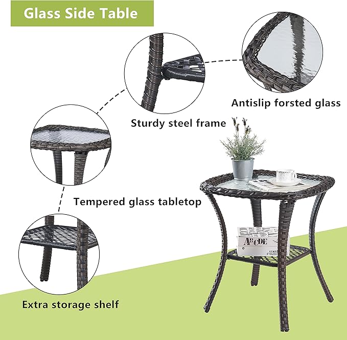 HUMMUH 3 Pieces Patio Bistro Set Wicker Patio Chairs Set of 2 with Tempered Glass Top Side Table Rattan Outdoor Furniture Conversation Set for Yard,Garden,Porch