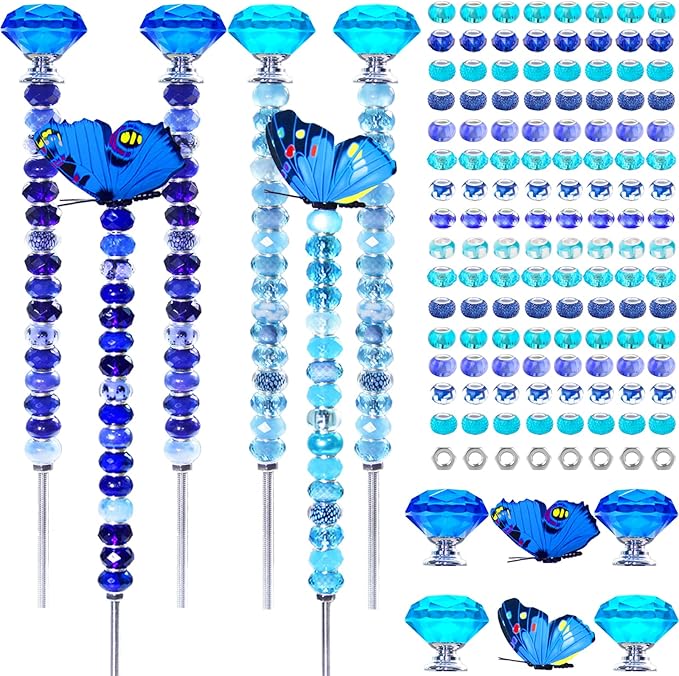 145 PCS Beaded Garden Stakes Kit, DIY Fairy Wand Garden Stake Beads Kits with Assortment Large Hole Beads 4 Crystal Stopper Top 2 Colored Butterfly Tops and Threaded Rods for Outdoor Indoor Decor