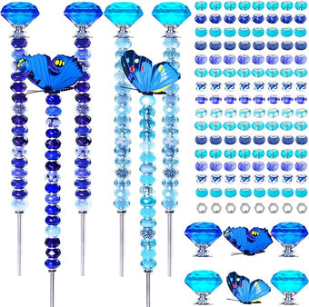 145 PCS Beaded Garden Stakes Kit, DIY Fairy Wand Garden Stake Beads Kits with Assortment Large Hole Beads 4 Crystal Stopper Top 2 Colored Butterfly Tops and Threaded Rods for Outdoor Indoor Decor