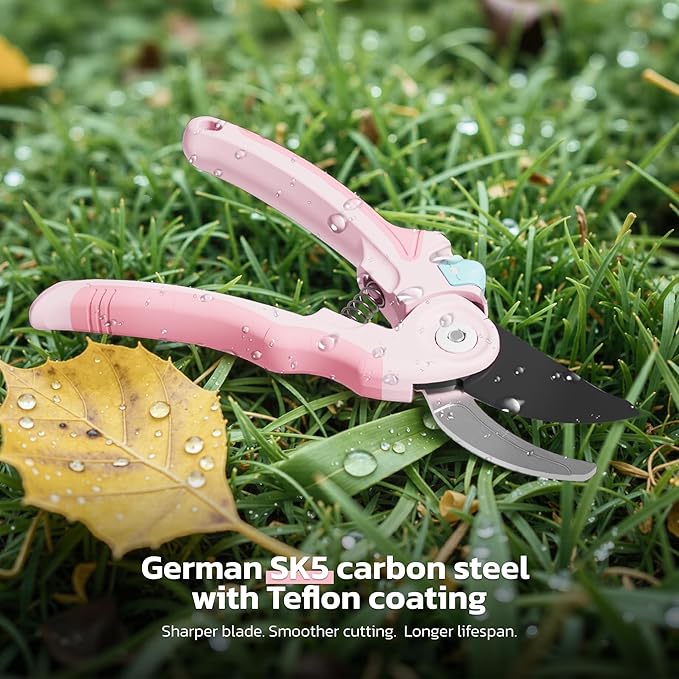 NEXON Garden Pruning Shears 2 Pack, 8" Bypass Hand Pruner & 6.25" Precision Garden Scissors, Professional Garden Clippers for Plants and Flowers Pink