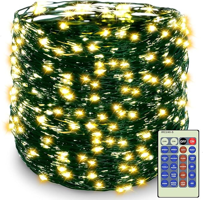 Decute 500LED 164FT Christmas Tree String Lights Green Wire Dimmable with Remote Control, UL Listed Plug in Fairy Starry Lights Decorative for Christmas Tree Party Wedding Indoor Outdoor Warm White