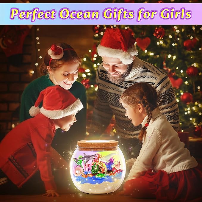 Hannstar Ocean Light Up Terrarium Kit for Kids - Sea Animal Toys LED Night Light Ocean Shark Birthday Gift for Boys & Girls Ages 4 5 6 7 8-12, Kids Arts & Crafts Kit