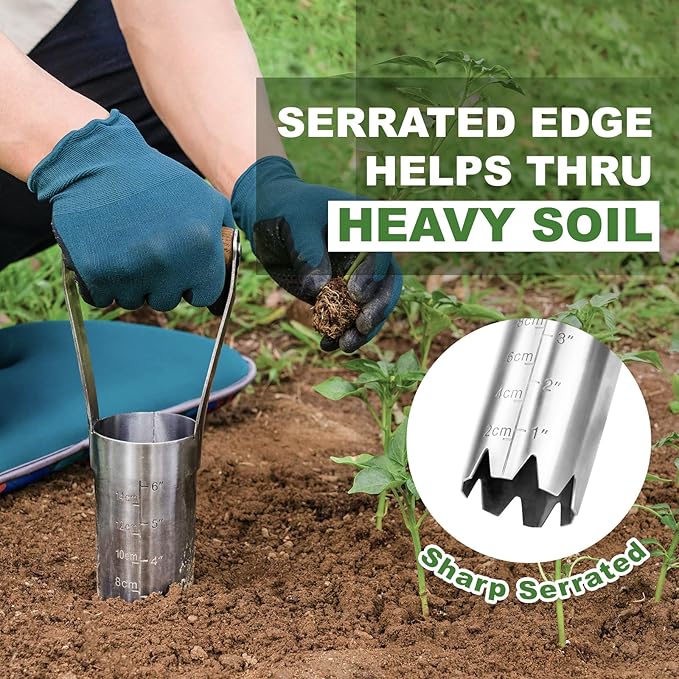 Haliaeetus Bulb Planter Tool, 6 inches Depth Mark Hand Bulb Planter, Non-Bending Stainless Steel Bulb Planter Digger, Garden Bulb Transplanter with Comfortable Wood Handle for Planting Tulip, Daffodil