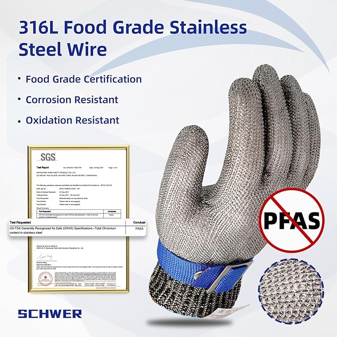 Schwer SlicePro ANSI A9 Cut Resistant Glove PR1706, Stainless Steel Mesh Metal Glove, Food Grade for Kitchen Cooking, Butcher Meat Cutting, Oyster Shucking, Mandoline, Fishing, Non-PFAS(L, 1 Pair)