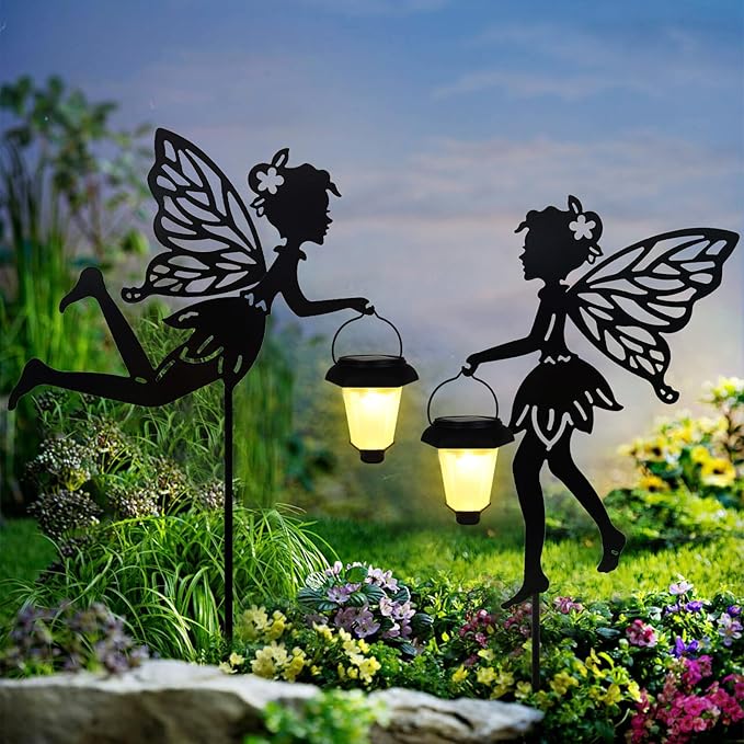 Solar Fairy Garden Stake Decorative Lantern, 2 Pack Metal Fairy Angel Garden Silhouette Lights for Lawn, Pathway, Patio, Yard Outdoor Decor
