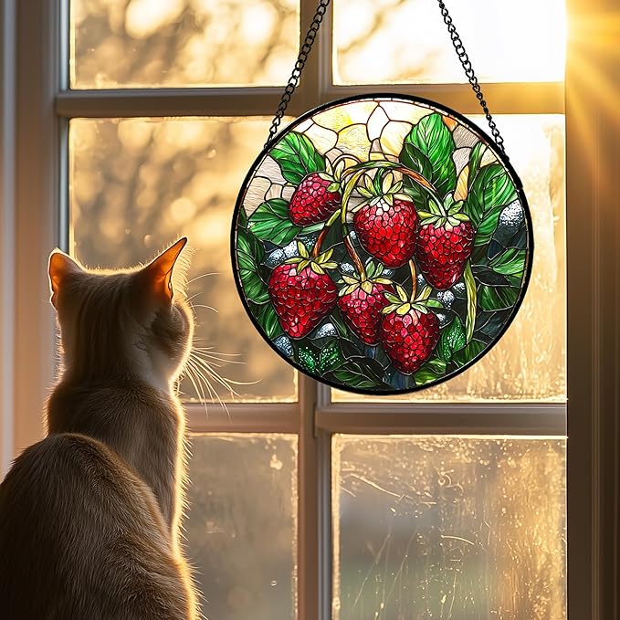 AMDERVEN Stained Glass Suncatcher, Red Strawberry Green Leaf Sun Catcher Silver Background Stain Glass Window Hanging Decoration Mother's Day Birthday Gifts for Women Men Mom Nana 6.3 in