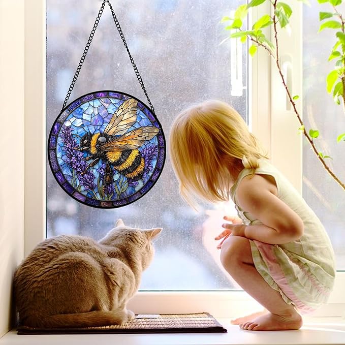 DASTOLL Stained Glass Window Hanging, Bee Lavender Sun Catchers Diamond Glass Panel Hangings Insect Suncatcher Decor for Birthday for Women, Men, Wife, Aunt, and Mom 11.8x11.8 in