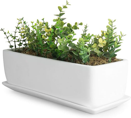 MyGift 14 Inch Ceramic Indoor Plant Pot with Drainage Hole, Rectangular Succulent Planter Window Box with Removable Saucer, Unglazed White