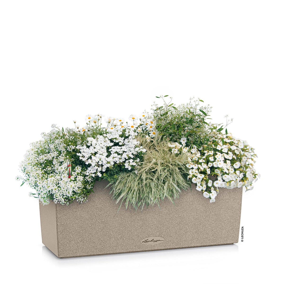 Lechuza BALCONERA Stone 50 Sand Beige, Self-Watering Window Box (Railing Planter), H7.5 L19.7 W7.5 in