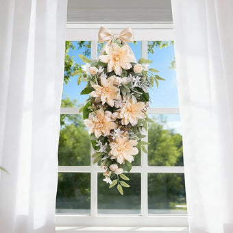 Glitzhome Peach Dahlia Floral Teardrop Swag 28" Artificial Spring Teardrop Swag Wreath for Front Door Porch Wall Window Decor