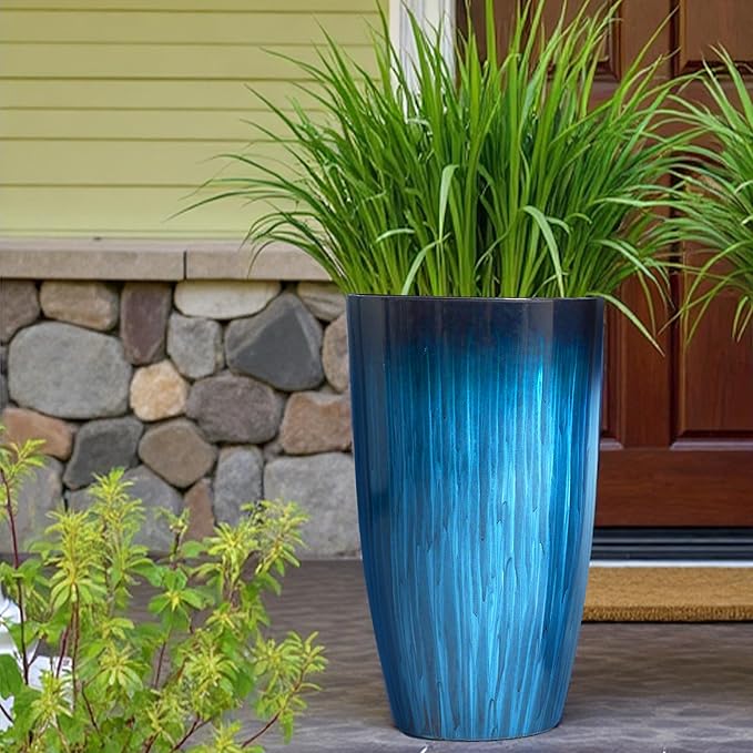 Worth Garden 23.5" Tall Plastic Planters Set of 2 with Drainage Holes, Gradient Blue Glossy Finish, Large Lightweight Round Plant Pots for Indoor Outdoor Use, Decorative Flower Pots for Front Porch
