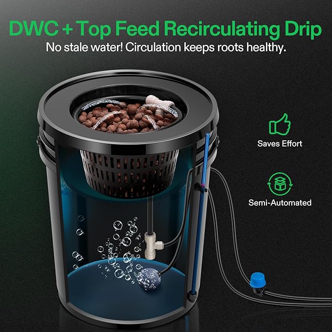 VIVOSUN DWC Hydroponics Grow System with Top Drip Kit, 5-Gallon Deep Water Culture, Recirculating Drip Garden System with Multi-Purpose Air Hose, Air Pump, and Air Stone (4 Buckets + Top Drip Kit)