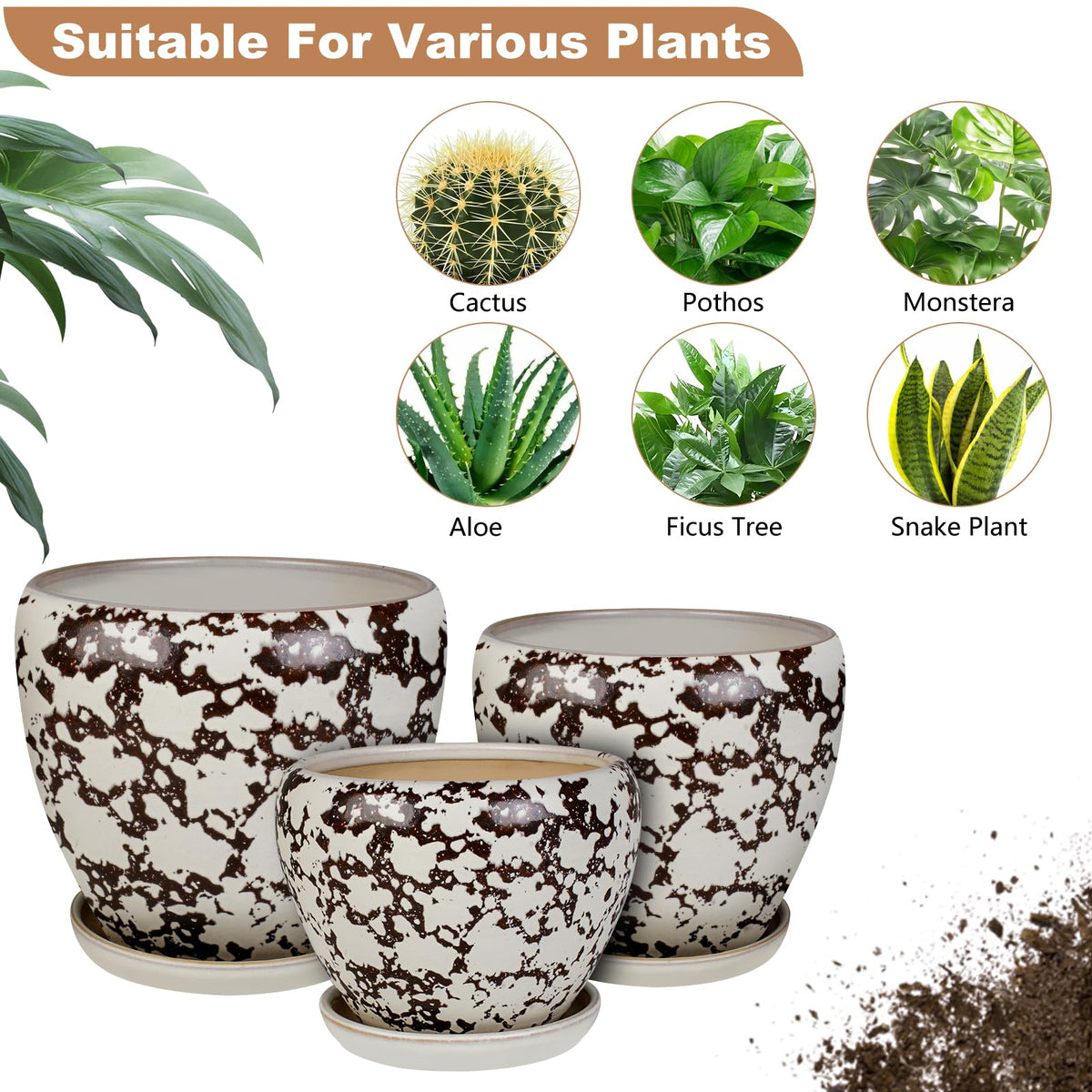 Ceramic Plant Pots With Saucer & Drainage Hole, 10 inch Indoor Flower Pots