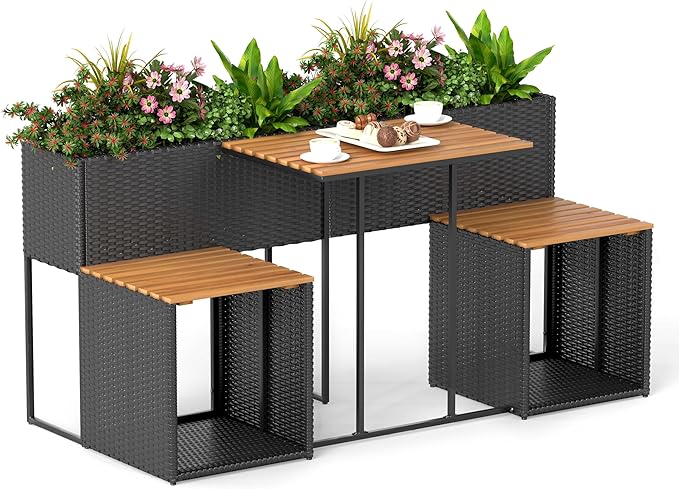 Tangkula Patio Furniture Set with Raised Garden Bed, PE Rattan Garden Planter Table with Built-in Chairs and Storage Space, Acacia Wood Outdoor Conversation Set with Sturdy Metal Frame