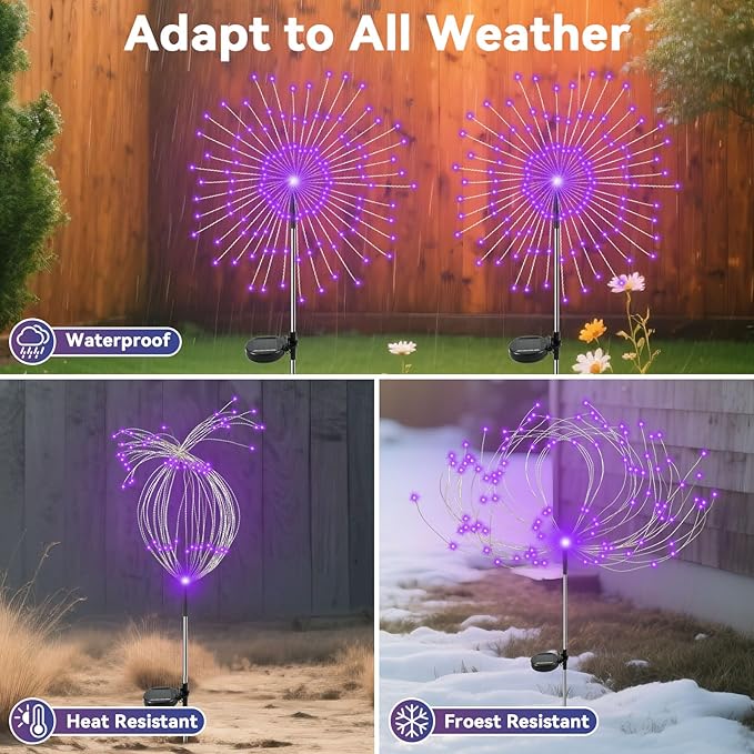 Garden Outdoor Lights, 2 Pack 120 LED Solar Garden Lights Fairy Lights Outdoor Waterproof Decorative Solar Firework Lights for Yard Patio Pathway Flowerbed Party Wedding Decor, Purple