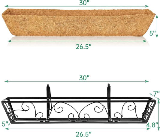 Y&M 30 Inch Butterfly Window Deck with Coco Liner, Fence Metal Hanging Flower Planter Window Basket Deck Railing Planter Boxes for Outdoor Garden Lawn 2pcs