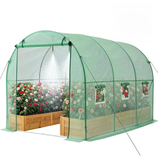 VEVOR Walk-in Tunnel Greenhouse, 10 x 7 x 7 ft Hoop House Greenhouse Tunnel with Watering System, Plant Hot House with Steel Frame, PE Cover, Roll-Up Zipper Door and 6 Windows for Outdoors, Green