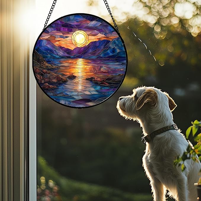 Stained Glass Window Hanging - Blue Purple Lake View Suncatcher for Door Terrace Garden Home Decor Sunset Landscape Sun Catcher Birthday Gifts for Lovers Women Men Dad Mom Nana 9.8 in