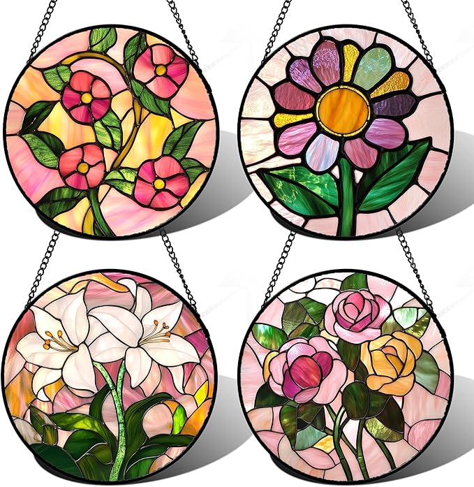 DASTOLL Stained Glass Window Hanging 4 Pcs Set Pink Floral Theme 7.8" - Flowers Suncatcher Door Garden Sun Catcher Decor Birthday Christmas for Mom Woman Nana Men Friend