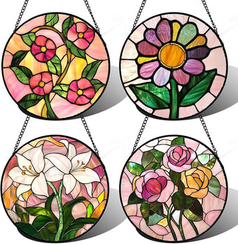 DASTOLL Stained Glass Window Hanging 4 Pcs Set Pink Floral Theme 7.8" - Flowers Suncatcher Door Garden Sun Catcher Decor Birthday Christmas for Mom Woman Nana Men Friend